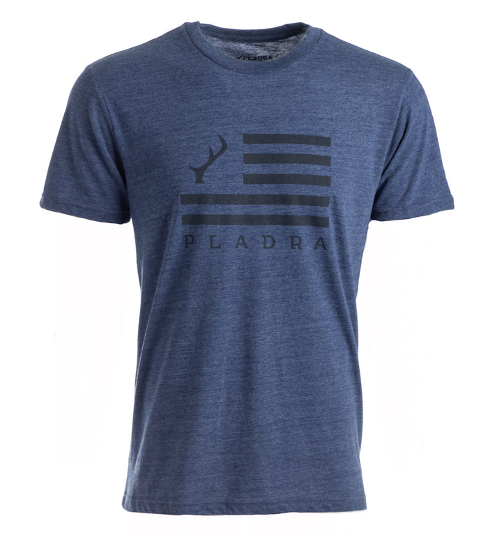 Men's Tri-Blend Flag Graphic Tee in Beacon Blue Heather, with a black antler graphic and PLADRA lettering on the front.