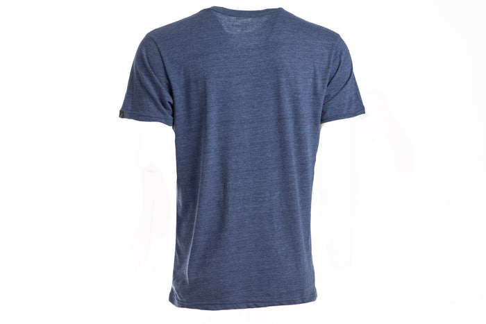 The Men's Tri-Blend Flag Graphic Tee in Beacon Blue Heather is shown from the back against a white background, ideal for an outdoor lifestyle.
