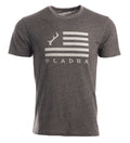 The Men's Tri-Blend Flag Graphic Tee in Charcoal Grey Heather features a white flag with horizontal stripes and an antler above "PLADRA," making it ideal for expressing your outdoor style.