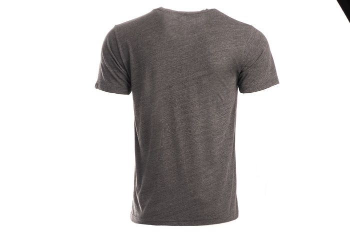 Pladra Men's Tri-Blend Flag Graphic Tee in Charcoal Grey Heather shown from the back on a white background.
