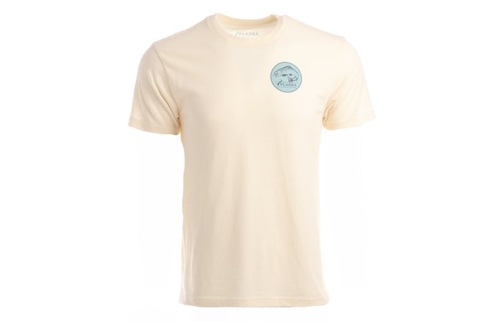 The Men's Trout Tee - Tofu White Heather is a short-sleeve outdoor shirt in light beige with a small blue circular trout graphic and "PALARA" on the left chest, made from soft combed cotton jersey.