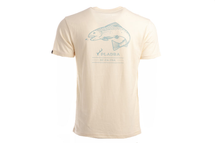 Back view of the Men's Trout Tee in Tofu White Heather, made from soft combed cotton jersey, with a light blue trout graphic above "Pladra SF·CA·USA" and a small antler logo on the upper back.