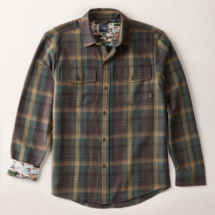 Pladra Men's Workhorse Elite Flannel Shirt in Birch Brown features chest pockets and patterned cuff lining.