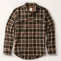 Men's Workhorse Elite Flannel Shirt in Diamondback Brown, a heavyweight Portuguese cotton plaid in brown, black, and white with two chest pockets.
