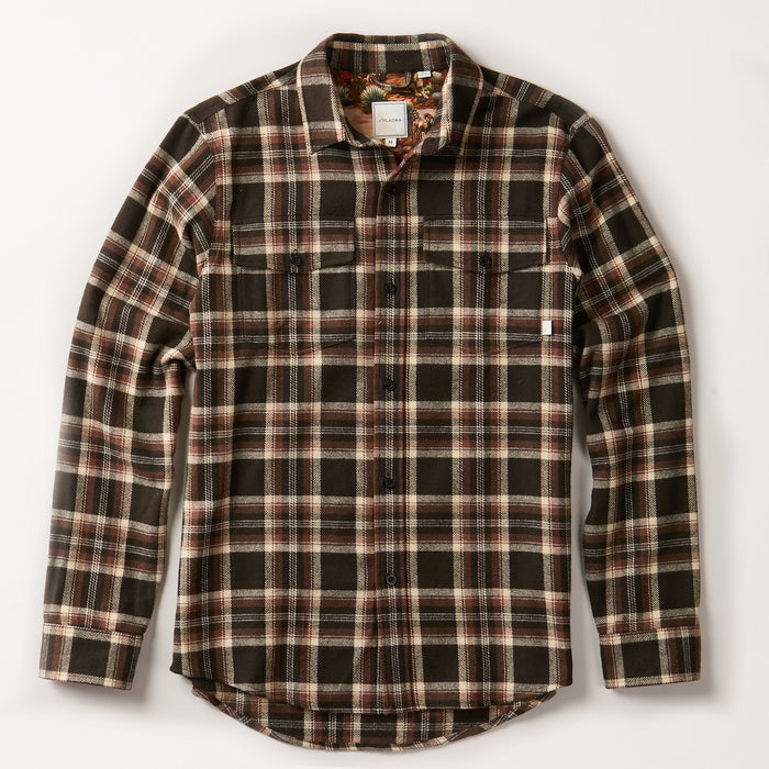 Men's Workhorse Elite Flannel Shirt in Diamondback Brown, a heavyweight Portuguese cotton plaid in brown, black, and white with two chest pockets.