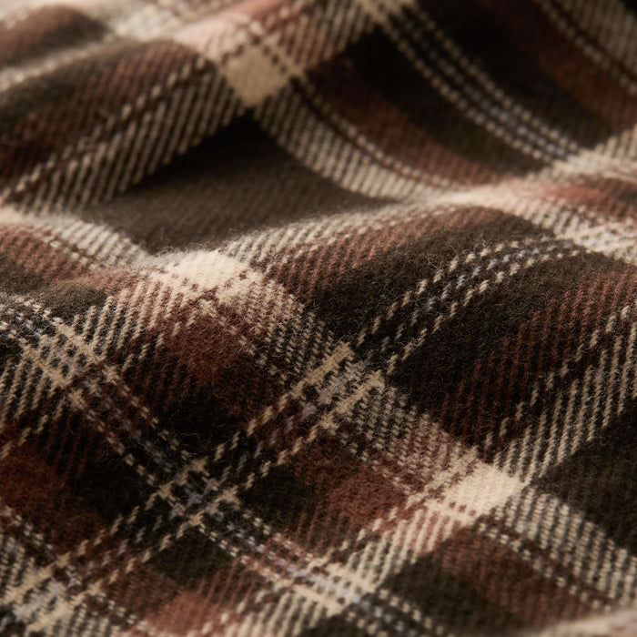 Close-up of soft, textured fabric in a brown, cream, and black plaid highlights the cozy warmth and durability of the Men's Workhorse Elite Flannel Shirt–Diamondback Brown—built to last for everyday wear.