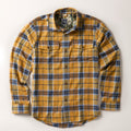 Pladra Men's Workhorse Elite Flannel Shirt in Easton Gold, long sleeve with two chest pockets, shown laid flat.