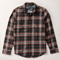 Men's Workhorse Elite Flannel Shirt in Posey Black, a heavyweight Portuguese flannel plaid in black, white, orange, and blue with two chest pockets.