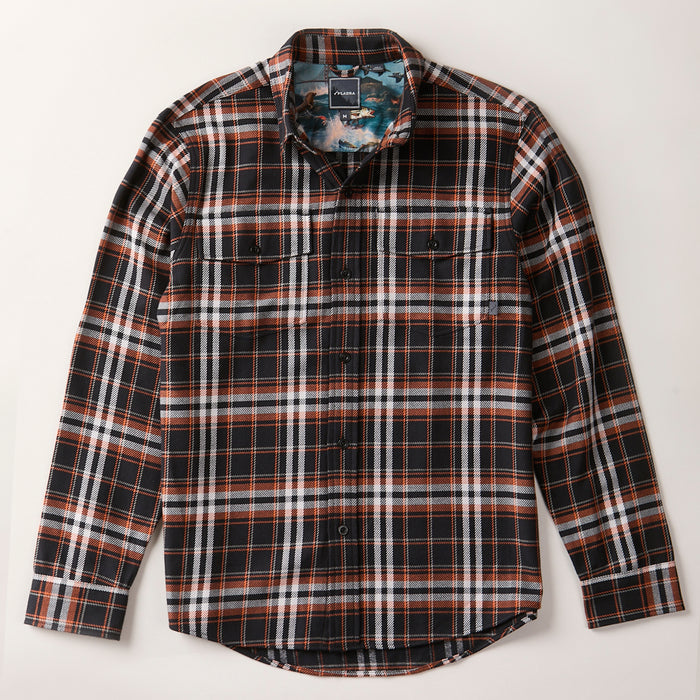 Men's Workhorse Elite Flannel Shirt in Posey Black, a heavyweight Portuguese flannel plaid in black, white, orange, and blue with two chest pockets.