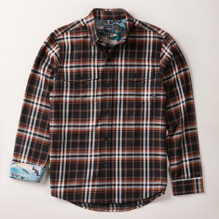 The Men's Workhorse Elite Flannel Shirt- Posey Black features black, white, blue, and orange plaid, front pockets, contrasting blue patterned cuff lining, and is crafted from heavyweight cotton for durability and comfort.