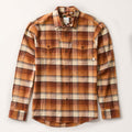 Men's Workhorse Flannel Shirt in Sedona Orange, a heavyweight Portuguese flannel plaid in brown, cream, and orange with two chest pockets.