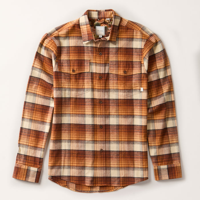 Men's Workhorse Flannel Shirt in Sedona Orange, a heavyweight Portuguese flannel plaid in brown, cream, and orange with two chest pockets.