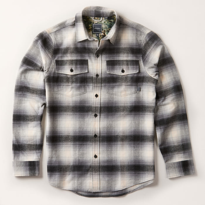 Pladra Men's Workhorse Flannel Shirt in Sterling Grey Heather with long sleeves and two chest pockets, laid flat.