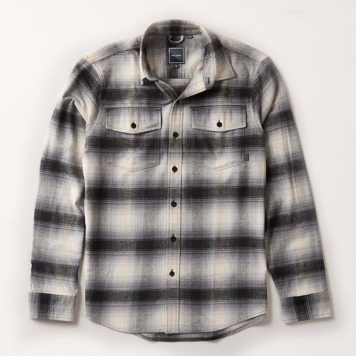 Pladra Men's Workhorse Flannel Shirt in Sterling Grey Heather with two chest pockets and long sleeves.