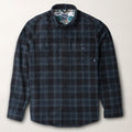 Pladra Men’s Workhorse Wool Flannel Shirt in Pacific Black plaid, laid flat; chest pockets; rugged outdoor style.