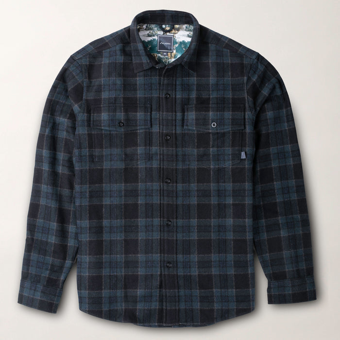 Pladra Men’s Workhorse Wool Flannel Shirt in Pacific Black plaid, laid flat; chest pockets; rugged outdoor style.