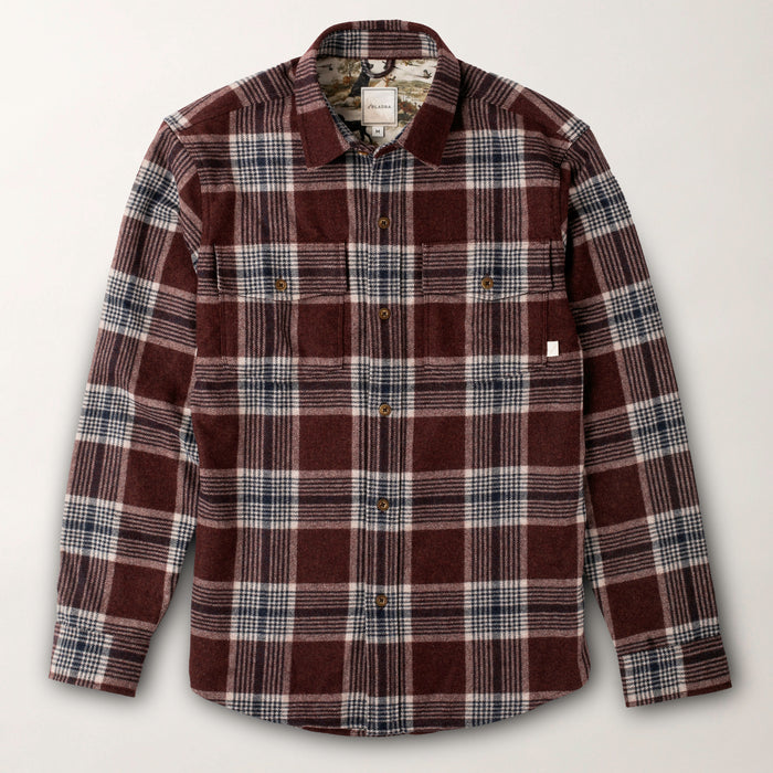 Pladra Men’s Workhorse Wool Flannel Shirt in Redwood Red plaid is displayed flat on a light background.