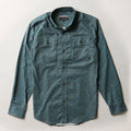 Men's Yuba Fishing Shirt in Flies Print, a teal ripstop long-sleeve button-up with two chest pockets and a small flies print.