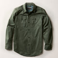 Pladra Men's Yuba Fishing Shirt - Kombu Green: long sleeves, two chest pockets, UPF 50+ protection, laid flat.