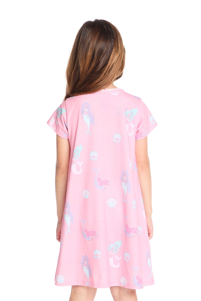 Back view of the Chaser Kids Mermaid Shells Shirt Dress highlighting the allover mermaid and seashell pattern