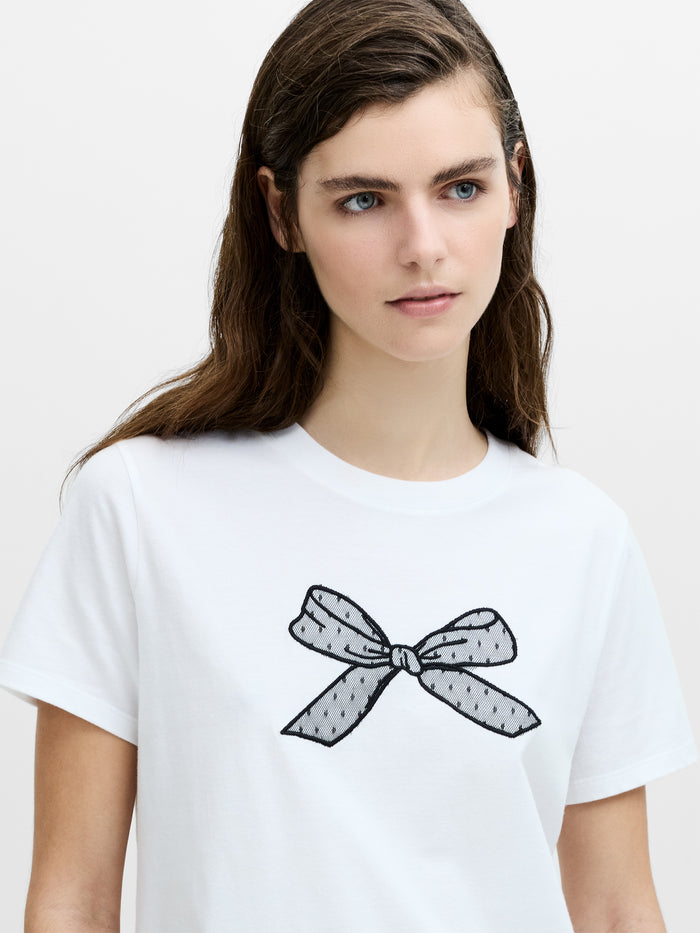 Mesh Bow White Cotton T-Shirt