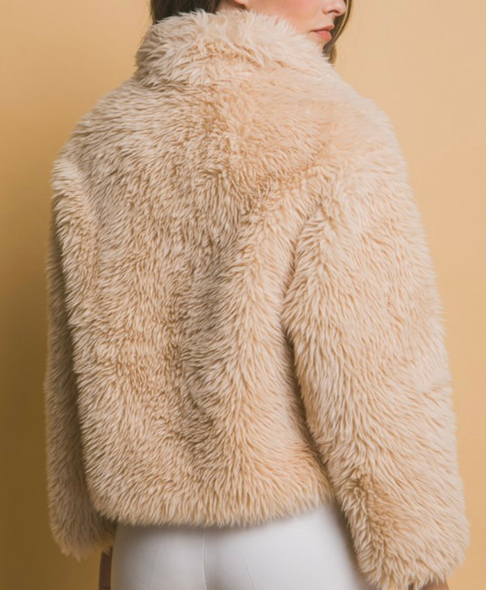 Mid waist faux fur coat in tan