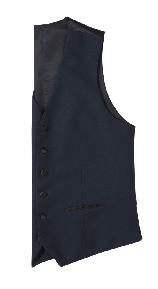 Midnight blue tuxedo vest laid flat with black satin lapel and welt pocket, side angle
