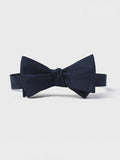 Midnight satin butterfly bow tie, tied, front view on white background