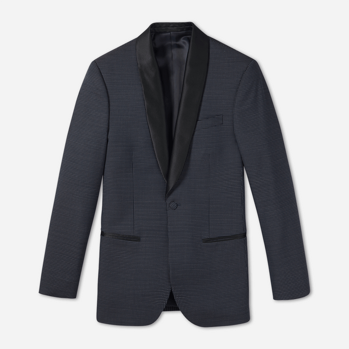 Midnight pin dot tuxedo jacket laid flat, black satin shawl lapel visible