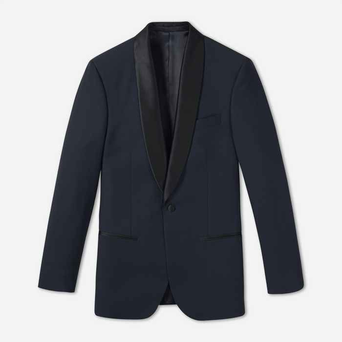 Midnight shawl-lapel tuxedo jacket laid flat, black satin lapel and single button, front view