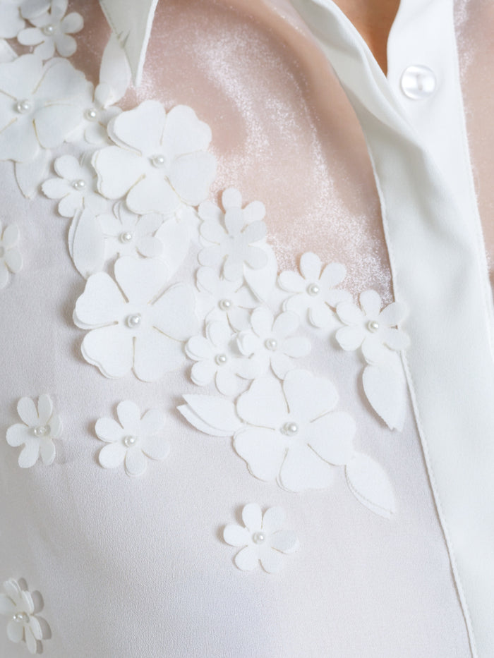 Mila 3D Floral Faux Pearl Long Sleeve White Shirt