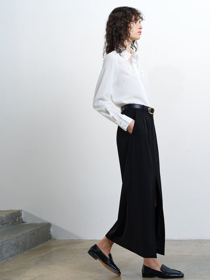 Mila 3D Floral Faux Pearl Long Sleeve White Shirt