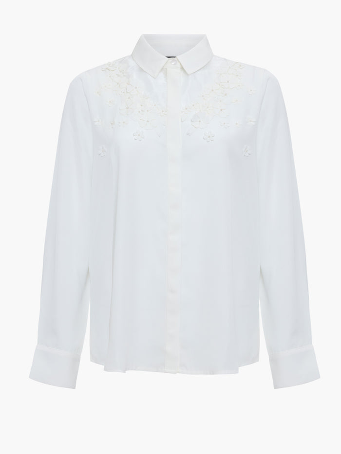 Mila 3D Floral Faux Pearl Long Sleeve White Shirt