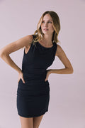Chaser Mila Licorice Black Mini Dress in a clean front facing view with soft studio lighting
