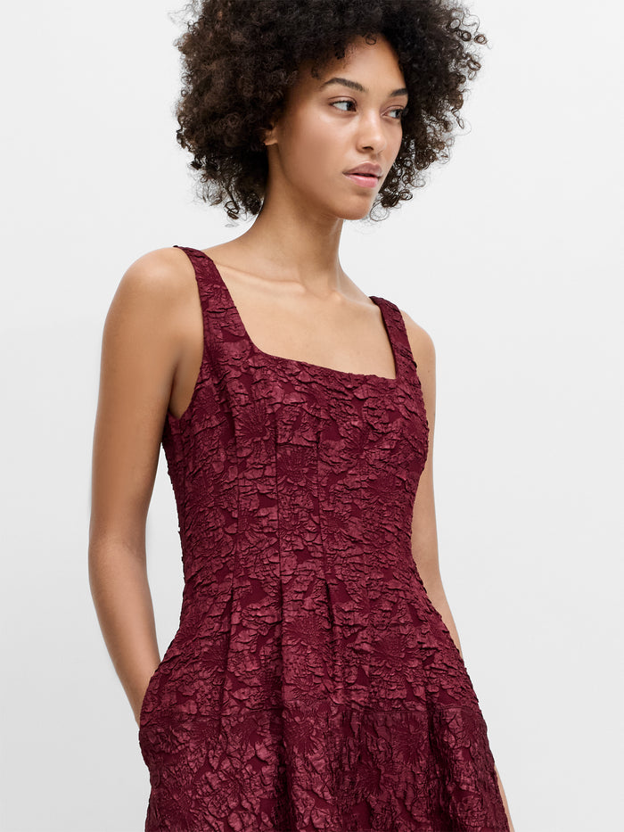 Milenda Burgundy Floral Jacquard Midi Dress