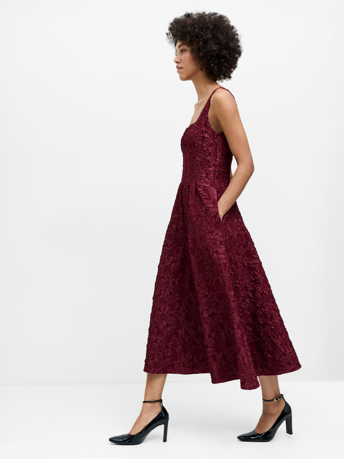 Milenda Burgundy Floral Jacquard Midi Dress