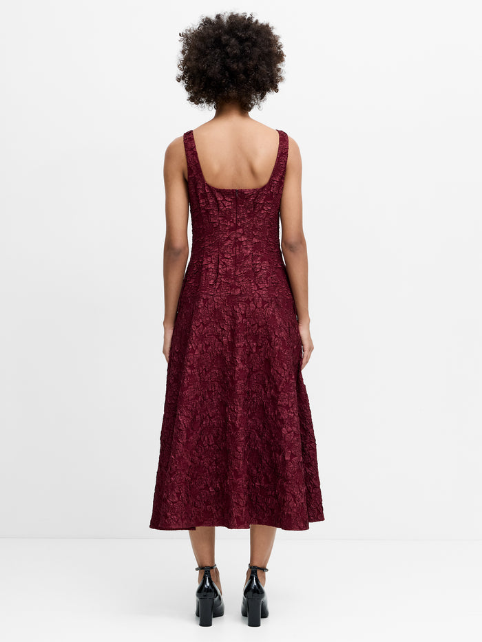 Milenda Burgundy Floral Jacquard Midi Dress