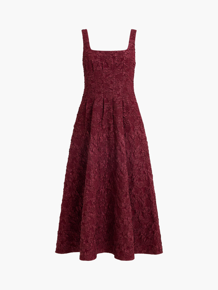 Milenda Burgundy Floral Jacquard Midi Dress