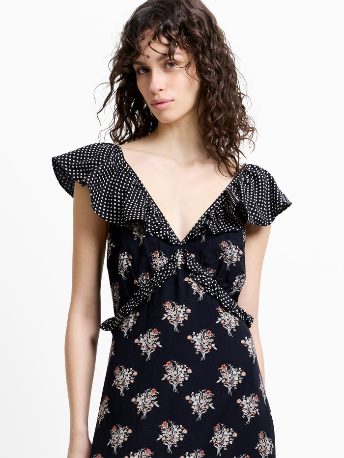 Millie Cotton Ruffle Floral Spot Printed Maxi Dress