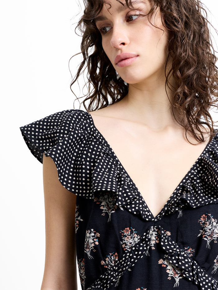 Millie Cotton Ruffle Floral Spot Printed Maxi Dress