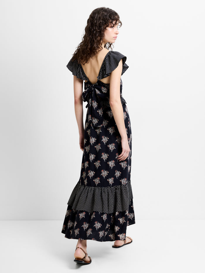 Millie Cotton Ruffle Floral Spot Printed Maxi Dress
