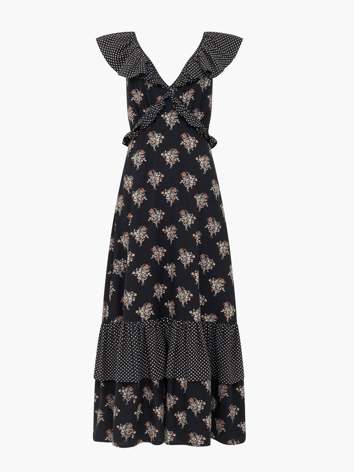 Millie Cotton Ruffle Floral Spot Printed Maxi Dress