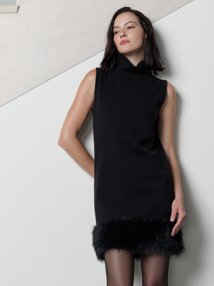 Moana Black Faux Fur Hem Sleeveless Knit Mini Dress