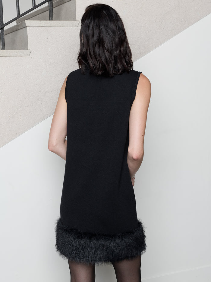 Moana Black Faux Fur Hem Sleeveless Knit Mini Dress