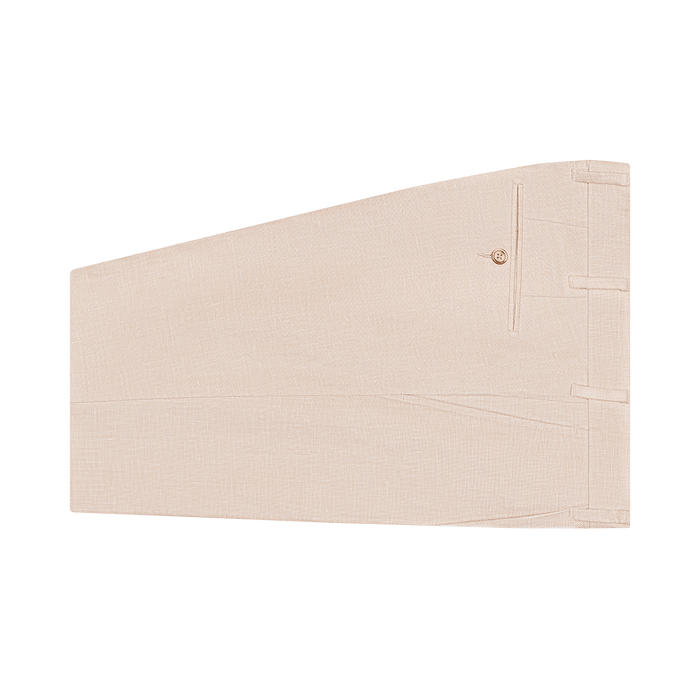 Mojave tan linen trousers folded flat with button and belt loops, angled view
