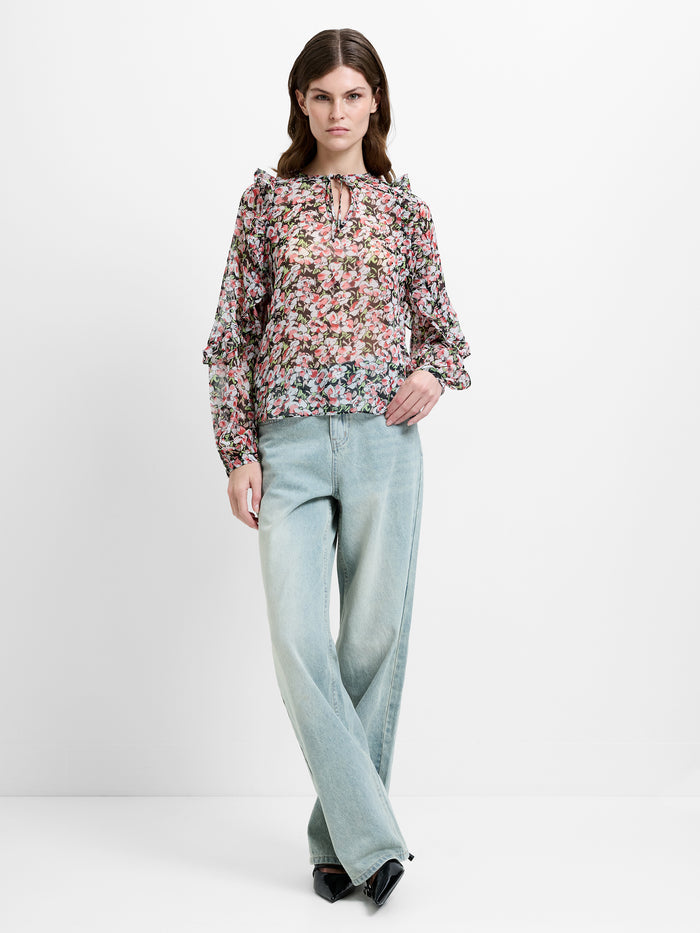 Molly Tie Up Neck Ruffle Sleeve Floral Top