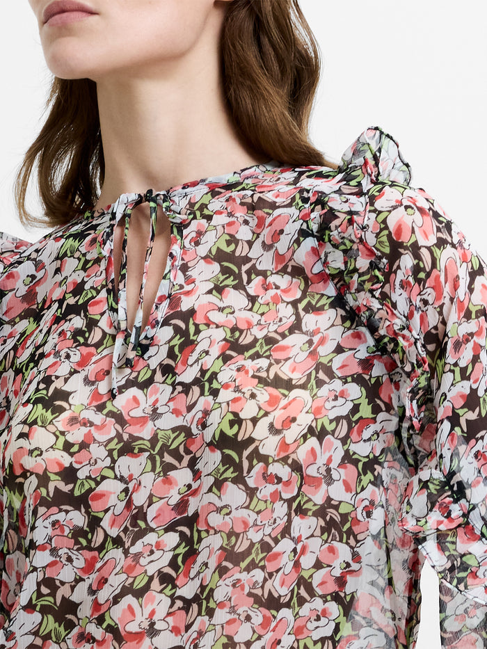 Molly Tie Up Neck Ruffle Sleeve Floral Top
