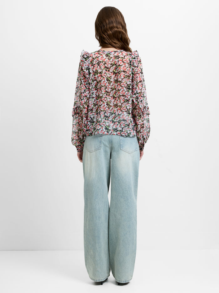 Molly Tie Up Neck Ruffle Sleeve Floral Top