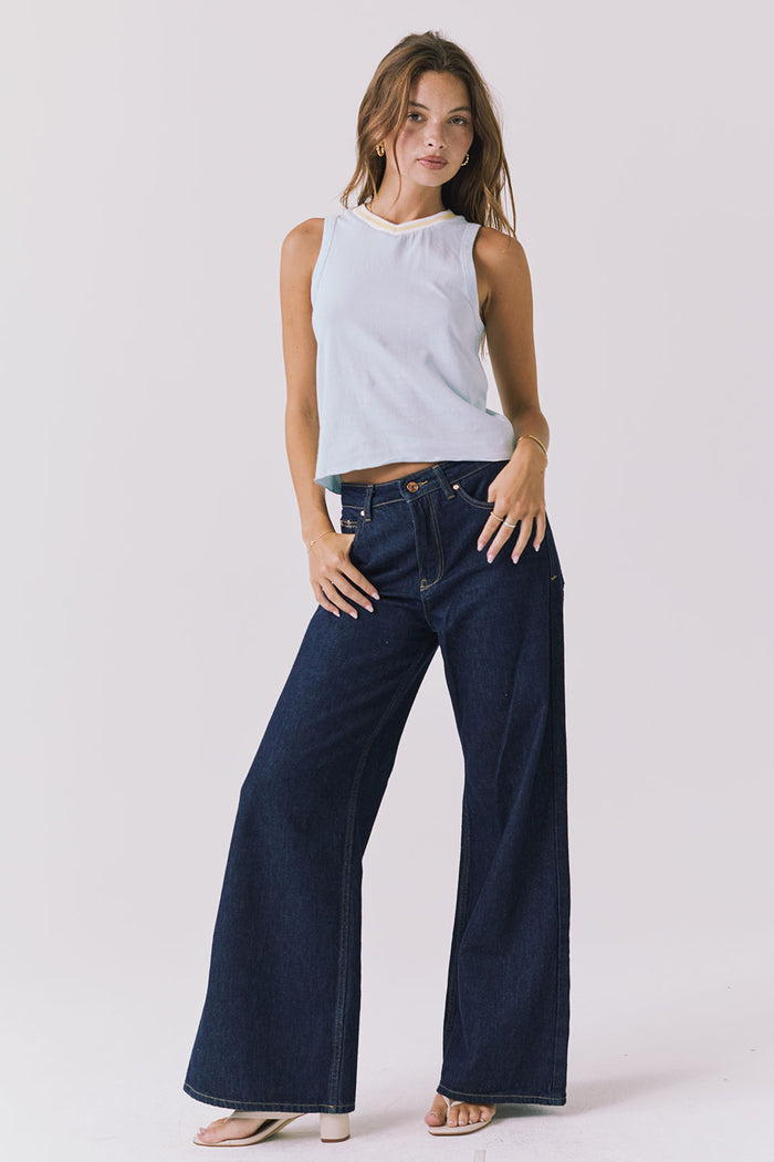 Chaser Monette Tank in Mineral Butter shown full body styled with wide leg dark denim for an easy everyday set feel