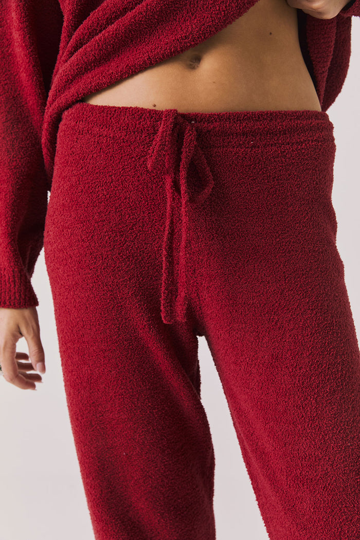 Front view of woman wearing Chaser’s Monica Purple-Red Fig Joggers on a white background